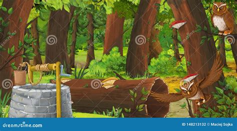 Cartoon Summer Scene With Deep Forest And Bird Owl With Water Well