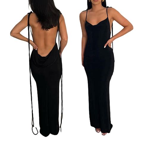 Women Backless Gown Maxi Dress Sleeveless Halter Neck Bodycon Midi Dress Open Back Long Dress