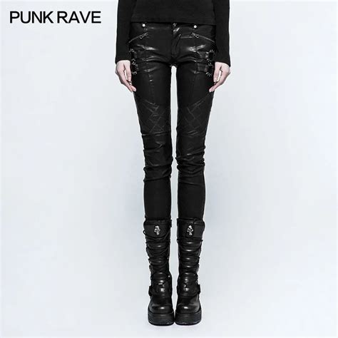 punk rave fashion women gothic punk grid stitching pu leather pants leg