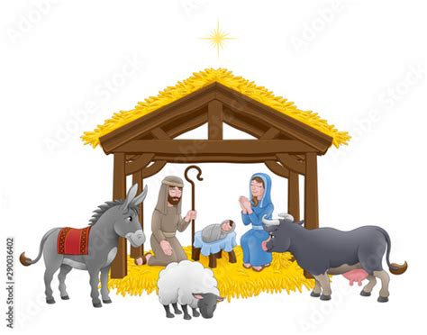 A Christmas Nativity Scene Cartoon With Baby Jesus Mary And Joseph In