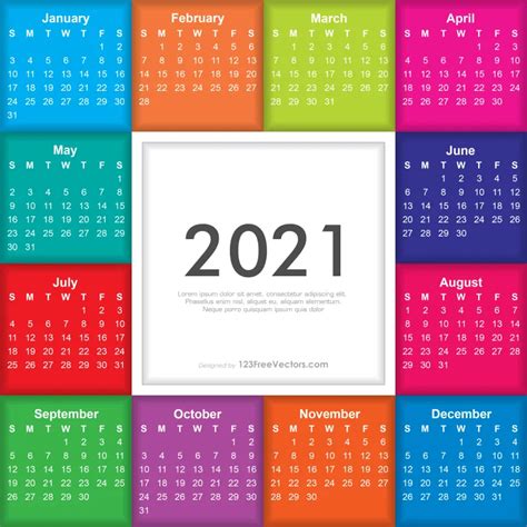 Free Colorful Calendar 2021 Printable Yearly Calendar New Year
