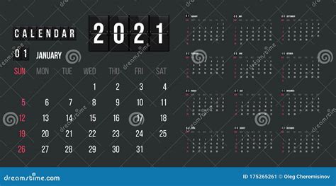 Calendar For 2021 Year Vector Illustration Basic Grid Colorful Design