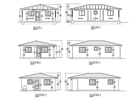 Two Bedroom House All Sided Elevations And Sectional Details Dwg File