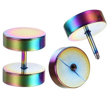Rainbow Anodized Titanium Fake Plugs Earrings Get The Look Of