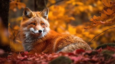 Red Fox Sitting In Piles Of Leaves In Autumn Wallpapers Background A Cute Fox Living In A