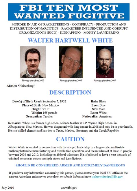 Created A Walter White Fbi Ten Most Wanted Poster Rbreakingbad