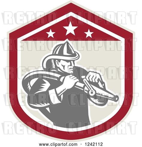 Vector Clip Art Of Retro Woodcut Firefighter Wielding A Hose In A