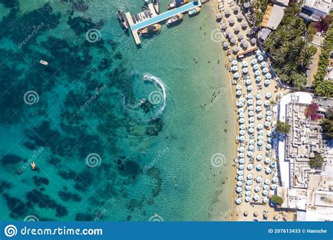 Aerial Top View Of The Popular Beach Of Psarou Mykonos Island Greece