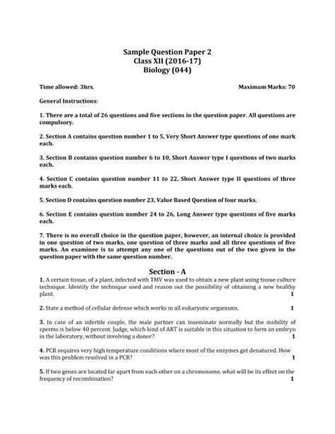 Cbse Sample Question Paper For Class 12 Biology Mock Paper 2