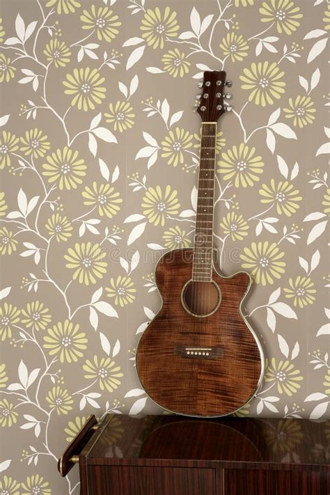 Acoustic Guitar Retro On Vintage 60s Wallpaper Stock Image