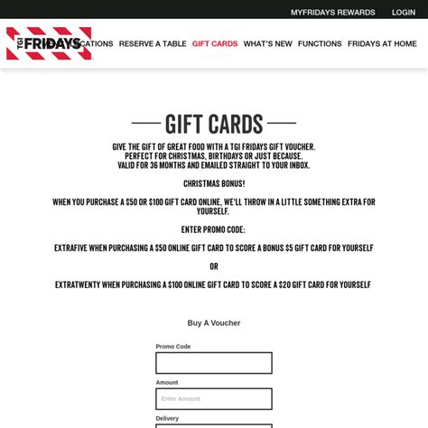 Gift cards will not be replaced if lost or stolen without purchaser's confirmation email as proof of. TGI Fridays Online Gift Cards: Buy $100, Get $20 & Buy $50 ...