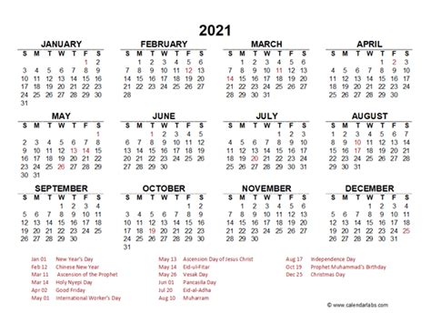 2021 Year At A Glance Calendar With Indonesia Holidays Free Printable