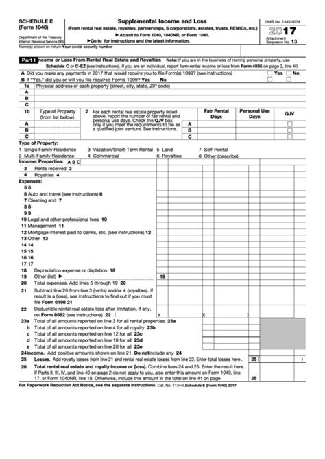 Fillable Schedule E Form 1040 Supplemental Income And Loss 2017
