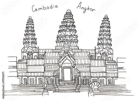 Sketch Hand Drawn Of Cambodia Angkor Angkor Watangkorvoat Isolated On