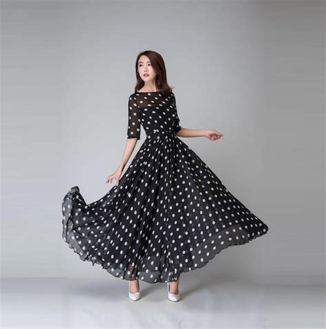 black and white polka dot maxi dress vintage style long swing etsy