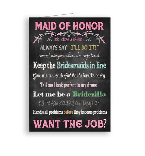 As the maid of honor, are you just going to arrive at the altar on the day of, or will you become the couples's personal assistant till the last birdseed is can you give something handmade or nostalgic for your present? Maid Of Honor Card Will You Be My Maid Of Honor Job Description For Maid Of Honor #2562252 ...