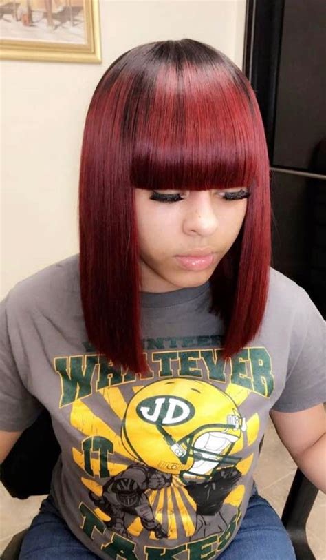 Sew In Weave Colored Burgundy With Bangs Bob Shoulder Length With