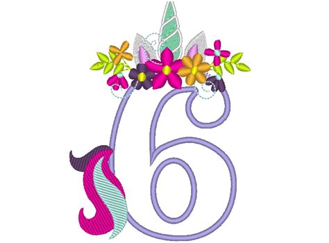 Unicorn Number Six 6 With Flowers Crown Unicorn Tail Birthday Number