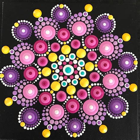 Mandala Painting On Black With Purple Yellow And Pink Dot Painting