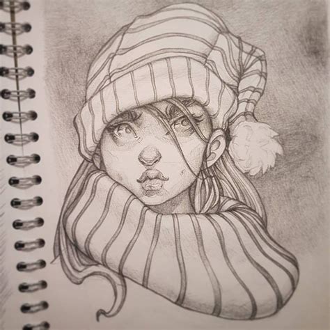 A Drawing Of A Woman With A Hat On Her Head And Scarf Around Her Neck