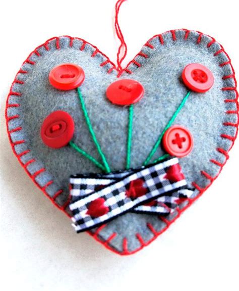 Grey Wool Felt Heart Ornament With Button By Prettyfeltthings Things To