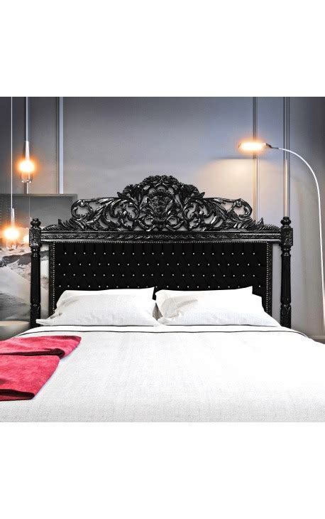 Baroque Bed Headboard Black Velvet With Rhinestones And Black Wood
