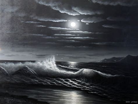 Black And White Full Moon Seascape Ocean Surf Waves 36x48 Stretched Oil