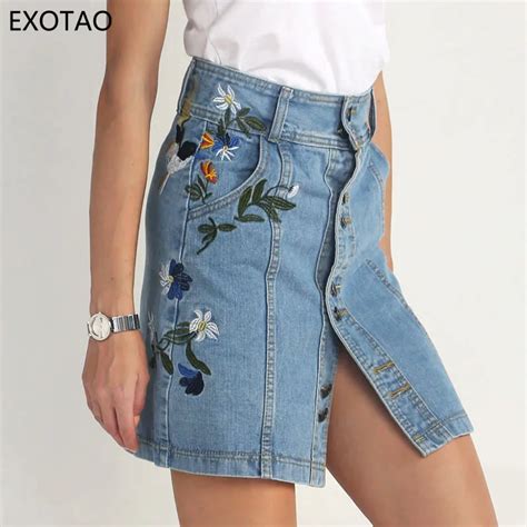 Exotao Denim Skirt Women Fashion Embroidery Faldas Mujer Single Breasted Jeans Skirt Bodycon A