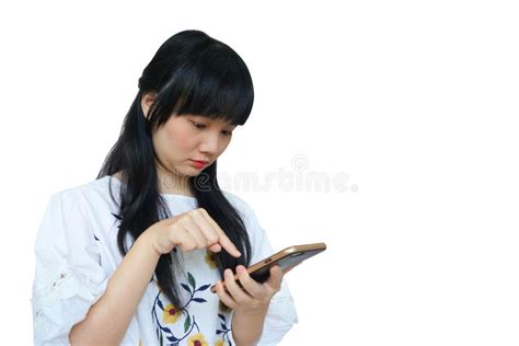 Cute Asian Girl Talking On Mobile Phone With Serious Face Stock Image Image Of Fashion