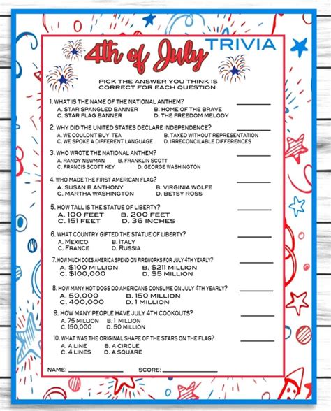The multiple choice questions also make for a fun quiz for teachers to use in the classroom. July 4th Party Trivia Game, Printable Kids Activity Sheet, Instant Download in 2020 | Printable ...