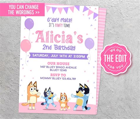 Digital Bluey Birthday Invitation Template Printable For Girl Etsy