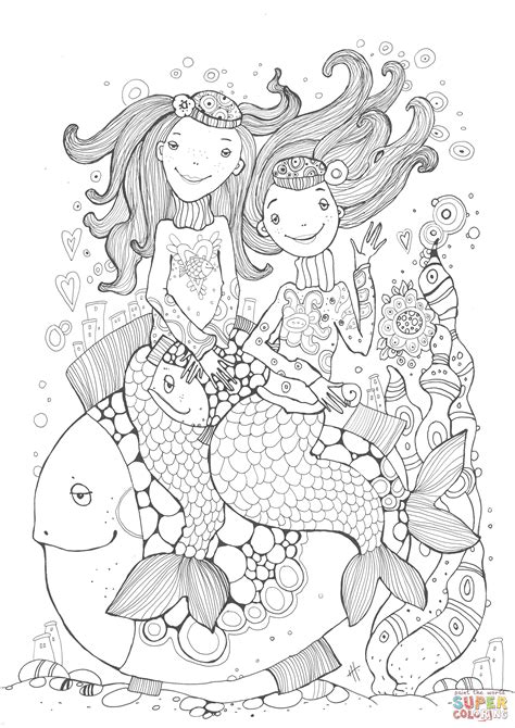 Two Mermaids Coloring Page Free Printable Coloring Pages
