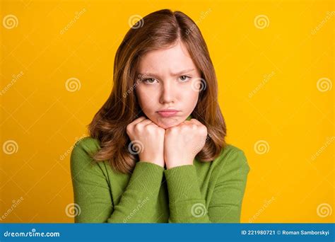 Photo Portrait Girl Sad Grumpy Face Offended In Green Clothes Vivid