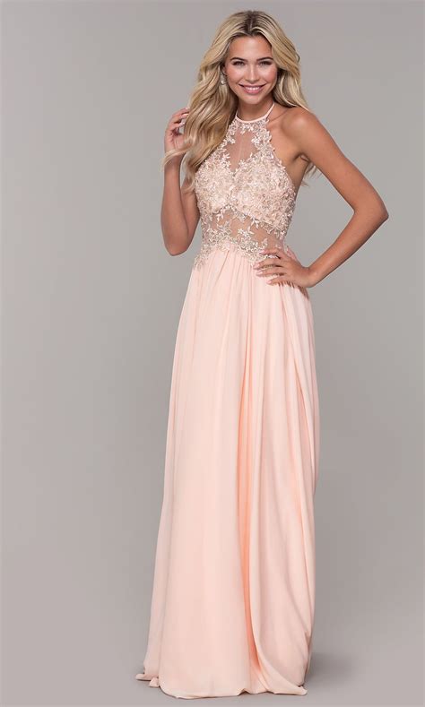 High Neck Peach Prom Dress With Embroidered Bodice Peach Prom Dresses