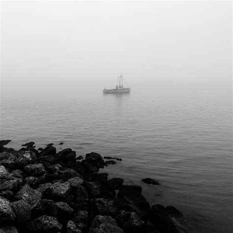 Download Wallpaper 2780x2780 Boat Sea Coast Fog Black And White