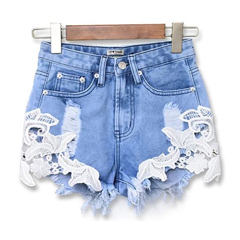 High Waist Denim Shorts Ripped Sexy Women Blue Lace Patchwork Floral Hole Pocket Tassels Jean