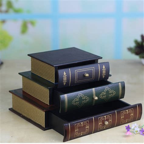 1 pcs Antique Book Design Wood Wooden Jewelry Box Classic 3 drawer 3