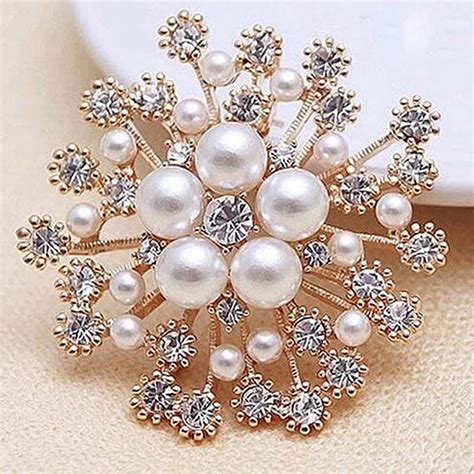 Fashion Women Big Brooches Lady Snowflake Imitation Pearls Rhinestones Wedding Brooch Pin