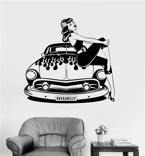 vinyl wall decal retro car sexy girl rock n roll lady stickers unique wallstickers4you