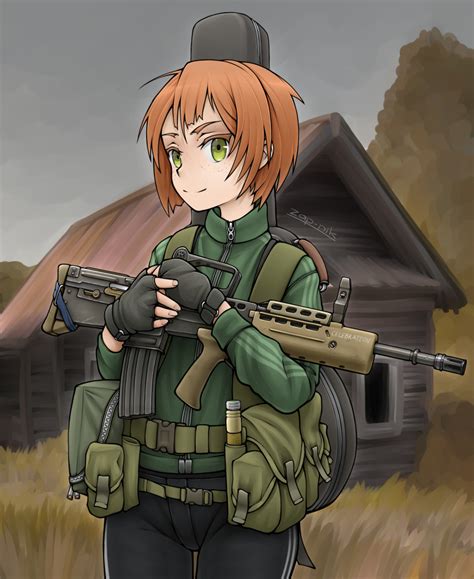 Safebooru 1girl Absurdres Assault Rifle Bullpup Commentary Day English Commentary Fingerless