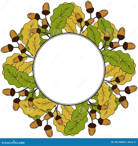 Oak Leaf And Acorn In Color Liner Round Frame 3 Stock Vector