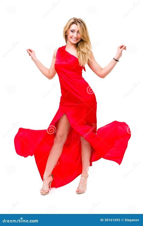 In Voller L Nge Von Der Sexy Frau Im Roten Kleid Stockfoto Bild Von
