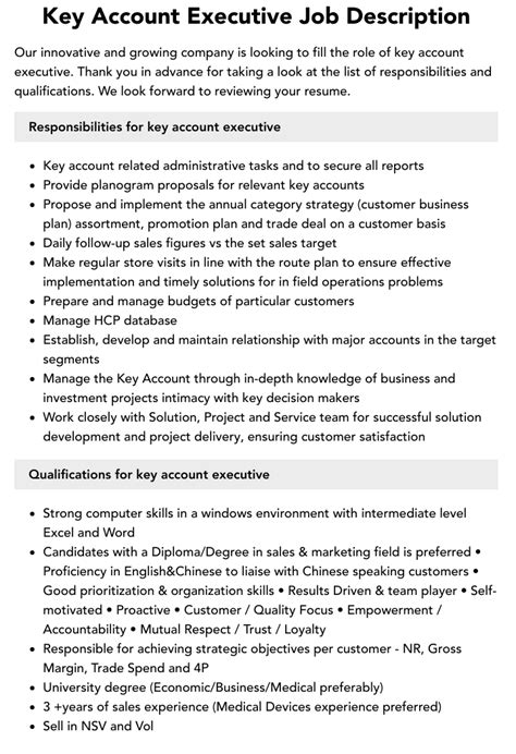 Key Account Executive Job Description Velvet Jobs