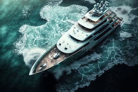Aerial View Of White Luxury Yacht Sailing By Blue Sea Generative Ai