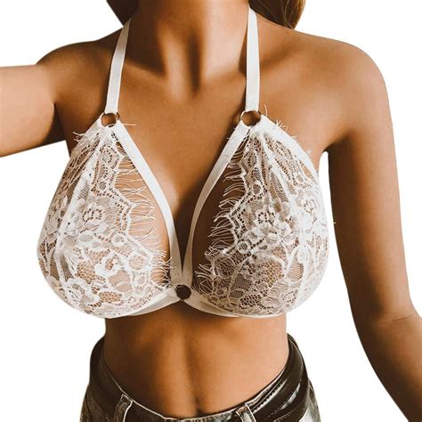 Women Sexy Lace Lingerie Perspective Mesh Bras Halter Push Up Bralette Hanging