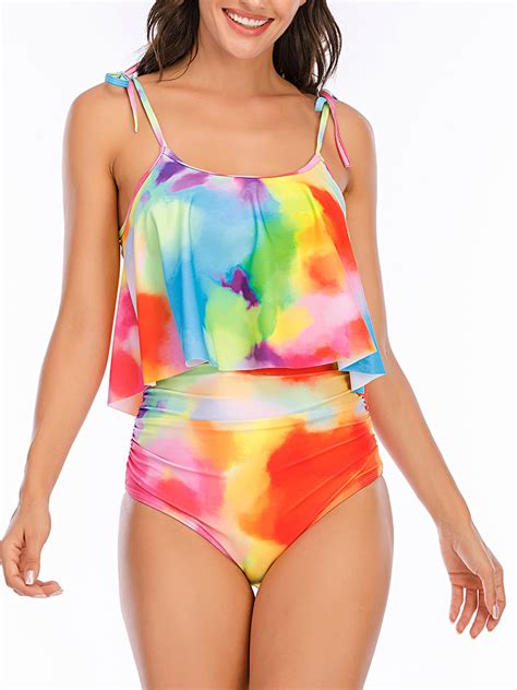 Lumento Women Swimwear Scoop Neck Two Piece Swimsuits Sleeveless Bikini Set Ruched Swimming Suit
