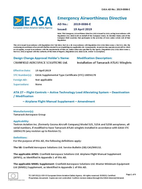 Easa Emergency Airworthiness Directive Aircraft Aerospace