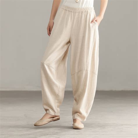 Women Summer Cotton Linen Pants Loose Thin Elastic Waist Simple Pants