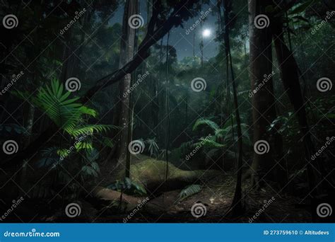 Dark Rainforest At Night With Only The Moon And Stars Shining Through