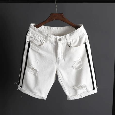 Mens Summer White Short Jeans Holes Denim Shorts Men 100cotton Knee Length Casual Jean Shorts